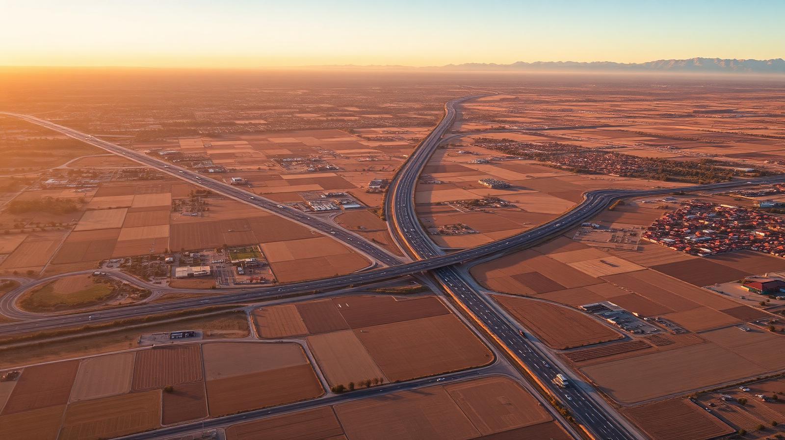 Aerial view of California Central Valley at golden hour