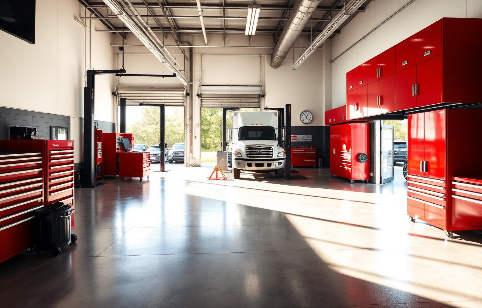 Carsaman service garage interior with two hydraulic lift bays and a white commercial truck