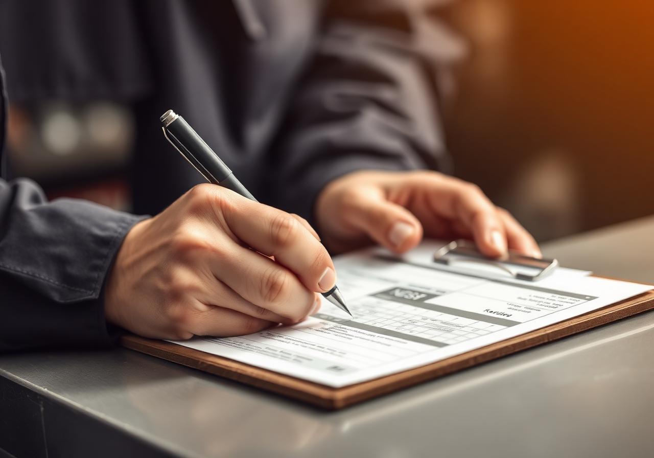 Mechanic writing an inspection report on a clipboard