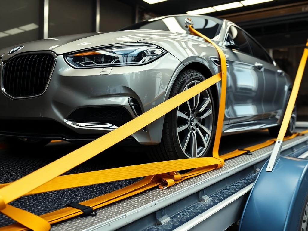 Luxury vehicle secured inside an enclosed trailer