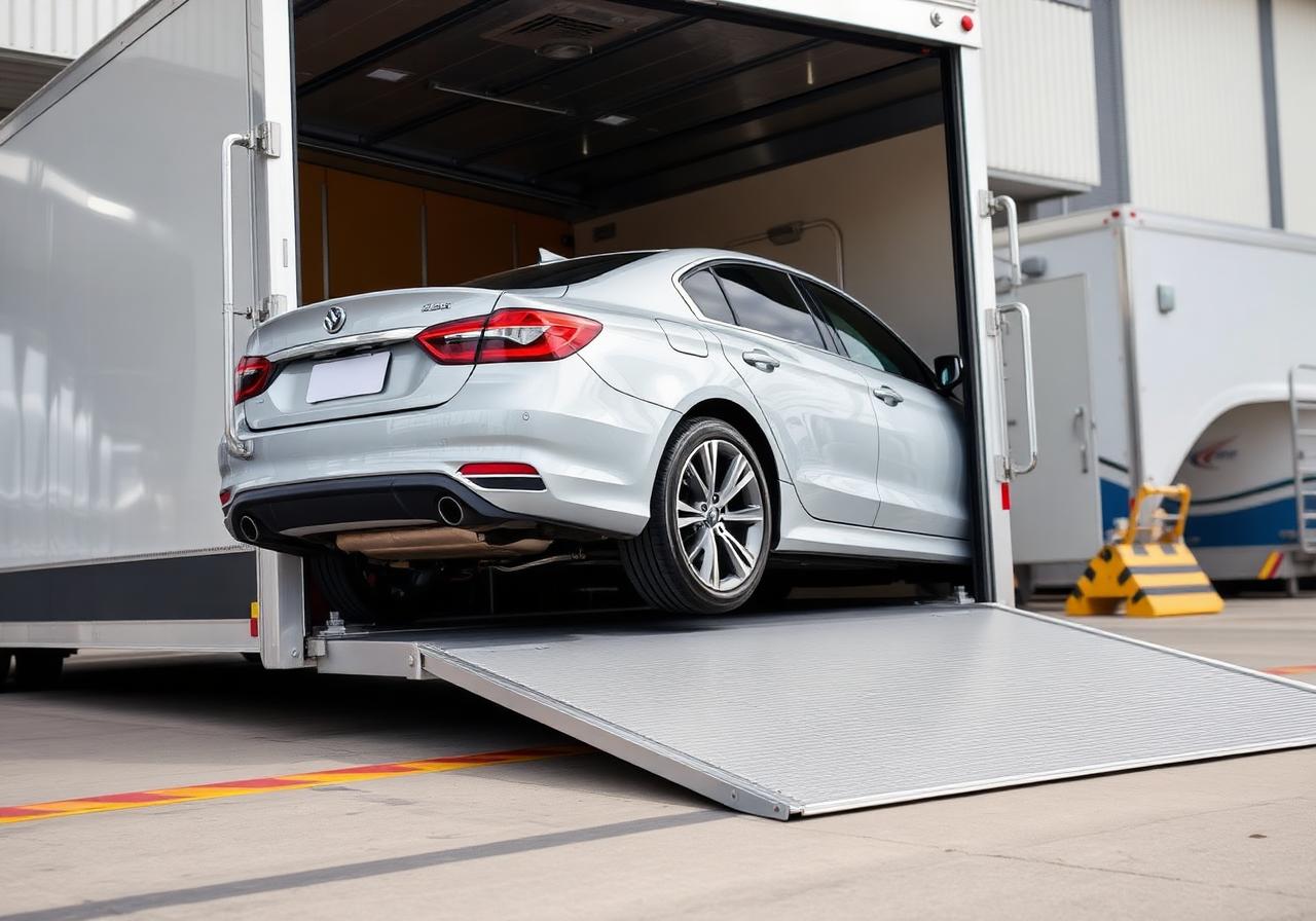 Vehicle being loaded onto a transport trailer