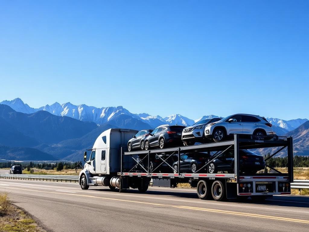Open car carrier on a scenic highway